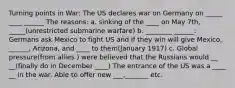 Turning points in War: The US declares war on Germany on _____ ____ ______ The reasons: a. sinking of the ____ on May 7th, _____(unrestricted submarine warfare) b. ________ ______: Germans ask Mexico to fight US and if they win will give Mexico, ______, Arizona, and ____ to them(January 1917) c. Global pressure(from allies ) were believed that the Russians would __ __(finally do in December ____) The entrance of the US was a ____ __ in the war. Able to offer new ___,_______ etc.