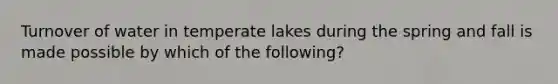 Turnover of water in temperate lakes during the spring and fall is made possible by which of the following?