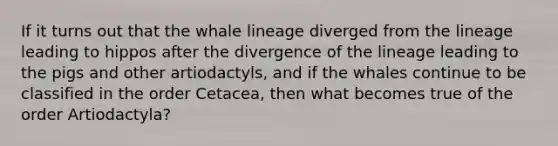 If it turns out that the whale lineage diverged from the lineage leading to hippos after the divergence of the lineage leading to the pigs and other artiodactyls, and if the whales continue to be classified in the order Cetacea, then what becomes true of the order Artiodactyla?