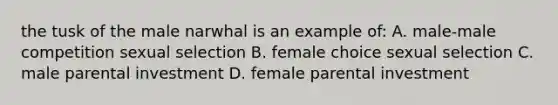 the tusk of the male narwhal is an example of: A. male-male competition sexual selection B. female choice sexual selection C. male parental investment D. female parental investment