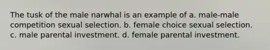 The tusk of the male narwhal is an example of a. male-male competition sexual selection. b. female choice sexual selection. c. male parental investment. d. female parental investment.