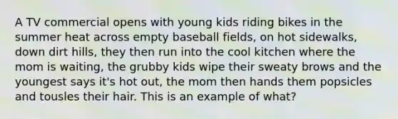 A TV commercial opens with young kids riding bikes in the summer heat across empty baseball fields, on hot sidewalks, down dirt hills, they then run into the cool kitchen where the mom is waiting, the grubby kids wipe their sweaty brows and the youngest says it's hot out, the mom then hands them popsicles and tousles their hair. This is an example of what?