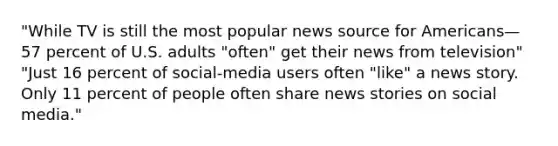 "While TV is still the most popular news source for Americans—57 percent of U.S. adults "often" get their news from television" "Just 16 percent of social-media users often "like" a news story. Only 11 percent of people often share news stories on social media."