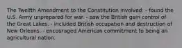 The Twelfth Amendment to the Constitution involved: - found the U.S. Army unprepared for war. - saw the British gain control of the Great Lakes. - included British occupation and destruction of New Orleans. - encouraged American commitment to being an agricultural nation.