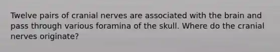 Twelve pairs of cranial nerves are associated with the brain and pass through various foramina of the skull. Where do the cranial nerves originate?