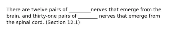 There are twelve pairs of _________nerves that emerge from <a href='https://www.questionai.com/knowledge/kLMtJeqKp6-the-brain' class='anchor-knowledge'>the brain</a>, and thirty-one pairs of ________ nerves that emerge from <a href='https://www.questionai.com/knowledge/kkAfzcJHuZ-the-spinal-cord' class='anchor-knowledge'>the spinal cord</a>. (Section 12.1)