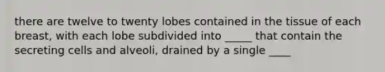 there are twelve to twenty lobes contained in the tissue of each breast, with each lobe subdivided into _____ that contain the secreting cells and alveoli, drained by a single ____