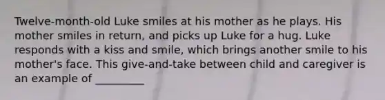 Twelve-month-old Luke smiles at his mother as he plays. His mother smiles in return, and picks up Luke for a hug. Luke responds with a kiss and smile, which brings another smile to his mother's face. This give-and-take between child and caregiver is an example of _________