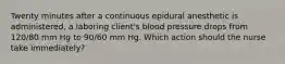 Twenty minutes after a continuous epidural anesthetic is administered, a laboring client's blood pressure drops from 120/80 mm Hg to 90/60 mm Hg. Which action should the nurse take immediately?