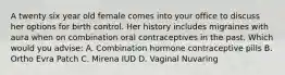 A twenty six year old female comes into your office to discuss her options for birth control. Her history includes migraines with aura when on combination oral contraceptives in the past. Which would you advise: A. Combination hormone contraceptive pills B. Ortho Evra Patch C. Mirena IUD D. Vaginal Nuvaring