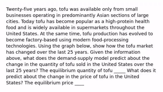 Twenty-five years ago, tofu was available only from small businesses operating in predominantly Asian sections of large cities. Today tofu has become popular as a high-protein health food and is widely available in supermarkets throughout the United States. At the same time, tofu production has evolved to become factory-based using modern food-processing technologies. Using the graph below, show how the tofu market has changed over the last 25 years. Given the information above, what does the demand-supply model predict about the change in the quantity of tofu sold in the United States over the last 25 years? The equilibrium quantity of tofu _____ What does it predict about the change in the price of tofu in the United States? The equilibrium price ____