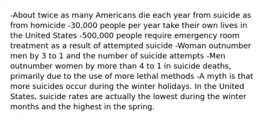 -About twice as many Americans die each year from suicide as from homicide -30,000 people per year take their own lives in the United States -500,000 people require emergency room treatment as a result of attempted suicide -Woman outnumber men by 3 to 1 and the number of suicide attempts -Men outnumber women by more than 4 to 1 in suicide deaths, primarily due to the use of more lethal methods -A myth is that more suicides occur during the winter holidays. In the United States, suicide rates are actually the lowest during the winter months and the highest in the spring.