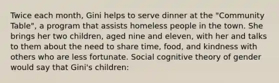 Twice each month, Gini helps to serve dinner at the "Community Table", a program that assists homeless people in the town. She brings her two children, aged nine and eleven, with her and talks to them about the need to share time, food, and kindness with others who are less fortunate. Social cognitive theory of gender would say that Gini's children: