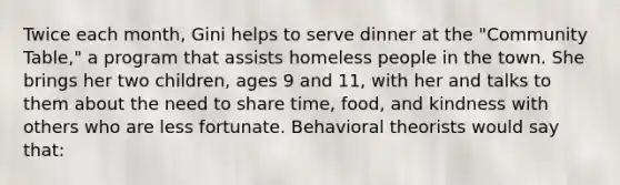 Twice each month, Gini helps to serve dinner at the "Community Table," a program that assists homeless people in the town. She brings her two children, ages 9 and 11, with her and talks to them about the need to share time, food, and kindness with others who are less fortunate. Behavioral theorists would say that: