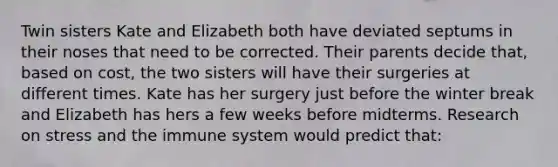 Twin sisters Kate and Elizabeth both have deviated septums in their noses that need to be corrected. Their parents decide that, based on cost, the two sisters will have their surgeries at different times. Kate has her surgery just before the winter break and Elizabeth has hers a few weeks before midterms. Research on stress and the immune system would predict that: