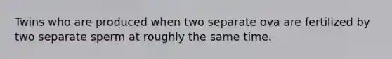 Twins who are produced when two separate ova are fertilized by two separate sperm at roughly the same time.