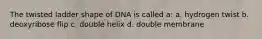 The twisted ladder shape of DNA is called a: a. hydrogen twist b. deoxyribose flip c. double helix d. double membrane