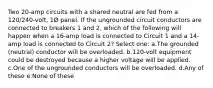 Two 20-amp circuits with a shared neutral are fed from a 120/240-volt, 1Ø panel. If the ungrounded circuit conductors are connected to breakers 1 and 2, which of the following will happen when a 16-amp load is connected to Circuit 1 and a 14-amp load is connected to Circuit 2? Select one: a.The grounded (neutral) conductor will be overloaded. b.120-volt equipment could be destroyed because a higher voltage will be applied. c.One of the ungrounded conductors will be overloaded. d.Any of these e.None of these