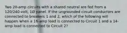 Two 20-amp circuits with a shared neutral are fed from a 120/240-volt, 1Ø panel. If the ungrounded circuit conductors are connected to breakers 1 and 2, which of the following will happen when a 16-amp load is connected to Circuit 1 and a 14-amp load is connected to Circuit 2?