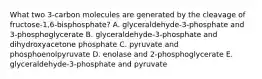 What two 3-carbon molecules are generated by the cleavage of fructose-1,6-bisphosphate? A. glyceraldehyde-3-phosphate and 3-phosphoglycerate B. glyceraldehyde-3-phosphate and dihydroxyacetone phosphate C. pyruvate and phosphoenolpyruvate D. enolase and 2-phosphoglycerate E. glyceraldehyde-3-phosphate and pyruvate