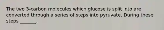 The two 3-carbon molecules which glucose is split into are converted through a series of steps into pyruvate. During these steps _______.