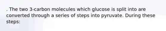 . The two 3-carbon molecules which glucose is split into are converted through a series of steps into pyruvate. During these steps: