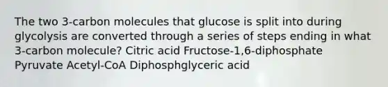 The two 3-carbon molecules that glucose is split into during glycolysis are converted through a series of steps ending in what 3-carbon molecule? Citric acid Fructose-1,6-diphosphate Pyruvate Acetyl-CoA Diphosphglyceric acid