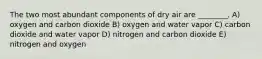 The two most abundant components of dry air are ________. A) oxygen and carbon dioxide B) oxygen and water vapor C) carbon dioxide and water vapor D) nitrogen and carbon dioxide E) nitrogen and oxygen