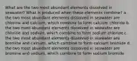 What are the two most abundant elements dissolved in seawater? What is produced when these elements combine? a. the two most abundant elements dissolved in seawater are chlorine and calcium, which combine to form calcium chloride b. the two most abundant elements dissolved in seawater are chlorine and sodium, which combine to form sodium chloride c. the two most abundant elements dissolved in seawater are bromine and calcium, which combine to form calcium bromide d. the two most abundant elements dissolved in seawater are bromine and sodium, which combine to form sodium bromide