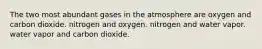 The two most abundant gases in the atmosphere are oxygen and carbon dioxide. nitrogen and oxygen. nitrogen and water vapor. water vapor and carbon dioxide.