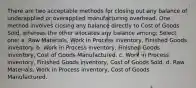 There are two acceptable methods for closing out any balance of underapplied or overapplied manufacturing overhead. One method involves closing any balance directly to Cost of Goods Sold, whereas the other allocates any balance among: Select one: a. Raw Materials, Work in Process inventory, Finished Goods inventory. b. Work in Process inventory, Finished Goods inventory, Cost of Goods Manufactured. c. Work in Process inventory, Finished Goods inventory, Cost of Goods Sold. d. Raw Materials, Work in Process inventory, Cost of Goods Manufactured.