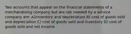 Two accounts that appear on the financial statements of a merchandising company but are not needed by a service company are: A)inventory and depreciation B) cost of goods sold and depreciation C) cost of goods sold and inventory D) cost of goods sold and net income