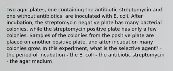 Two agar plates, one containing the antibiotic streptomycin and one without antibiotics, are inoculated with E. coli. After incubation, the streptomycin negative plate has many bacterial colonies, while the streptomycin positive plate has only a few colonies. Samples of the colonies from the positive plate are placed on another positive plate, and after incubation many colonies grow. In this experiment, what is the selective agent? - the period of incubation - the E. coli - the antibiotic streptomycin - the agar medium