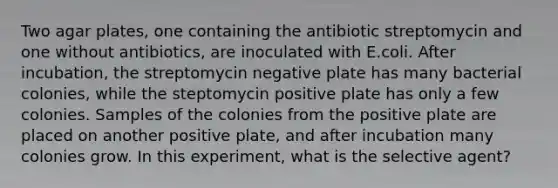 Two agar plates, one containing the antibiotic streptomycin and one without antibiotics, are inoculated with E.coli. After incubation, the streptomycin negative plate has many bacterial colonies, while the steptomycin positive plate has only a few colonies. Samples of the colonies from the positive plate are placed on another positive plate, and after incubation many colonies grow. In this experiment, what is the selective agent?