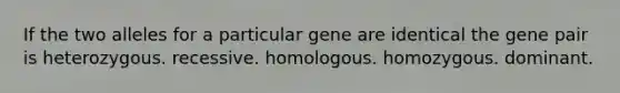 If the two alleles for a particular gene are identical the gene pair is heterozygous. recessive. homologous. homozygous. dominant.