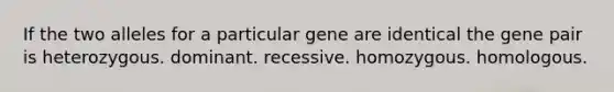 If the two alleles for a particular gene are identical the gene pair is heterozygous. dominant. recessive. homozygous. homologous.