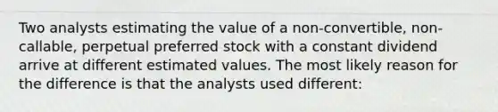 Two analysts estimating the value of a non-convertible, non-callable, perpetual preferred stock with a constant dividend arrive at different estimated values. The most likely reason for the difference is that the analysts used different: