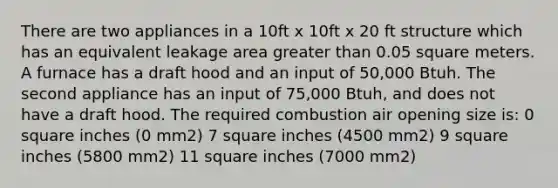 There are two appliances in a 10ft x 10ft x 20 ft structure which has an equivalent leakage area greater than 0.05 square meters. A furnace has a draft hood and an input of 50,000 Btuh. The second appliance has an input of 75,000 Btuh, and does not have a draft hood. The required combustion air opening size is: 0 square inches (0 mm2) 7 square inches (4500 mm2) 9 square inches (5800 mm2) 11 square inches (7000 mm2)