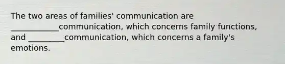 The two areas of families' communication are ____________communication, which concerns family functions, and _________communication, which concerns a family's emotions.