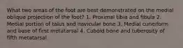 What two areas of the foot are best demonstrated on the medial oblique projection of the foot? 1. Proximal tibia and fibula 2. Medial portion of talus and navicular bone 3. Medial cuneiform and base of first metatarsal 4. Cuboid bone and tuberosity of fifth metatarsal