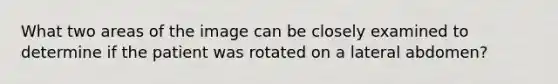 What two areas of the image can be closely examined to determine if the patient was rotated on a lateral abdomen?