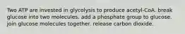 Two ATP are invested in glycolysis to produce acetyl-CoA. break glucose into two molecules. add a phosphate group to glucose. join glucose molecules together. release carbon dioxide.