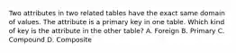 Two attributes in two related tables have the exact same domain of values. The attribute is a primary key in one table. Which kind of key is the attribute in the other table? A. Foreign B. Primary C. Compound D. Composite