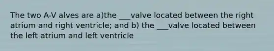 The two A-V alves are a)the ___valve located between the right atrium and right ventricle; and b) the ___valve located between the left atrium and left ventricle