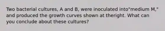 Two bacterial cultures, A and B, were inoculated into"medium M," and produced the growth curves shown at theright. What can you conclude about these cultures?