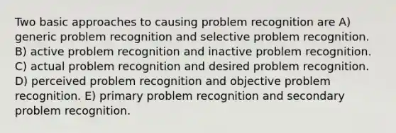 Two basic approaches to causing problem recognition are A) generic problem recognition and selective problem recognition. B) active problem recognition and inactive problem recognition. C) actual problem recognition and desired problem recognition. D) perceived problem recognition and objective problem recognition. E) primary problem recognition and secondary problem recognition.