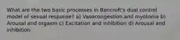 What are the two basic processes in Bancroft's dual control model of sexual response? a) Vasocongestion and myotonia b) Arousal and orgasm c) Excitation and inhibition d) Arousal and inhibition