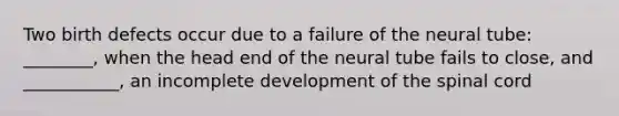 Two birth defects occur due to a failure of the neural tube: ________, when the head end of the neural tube fails to close, and ___________, an incomplete development of the spinal cord