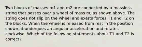 Two blocks of masses m1 and m2 are connected by a massless string that passes over a wheel of mass m, as shown above. The string does not slip on the wheel and exerts forces T1 and T2 on the blocks. When the wheel is released from rest in the position shown, it undergoes an angular acceleration and rotates clockwise. Which of the following statements about T1 and T2 is correct?