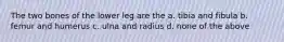 The two bones of the lower leg are the a. tibia and fibula b. femur and humerus c. ulna and radius d. none of the above